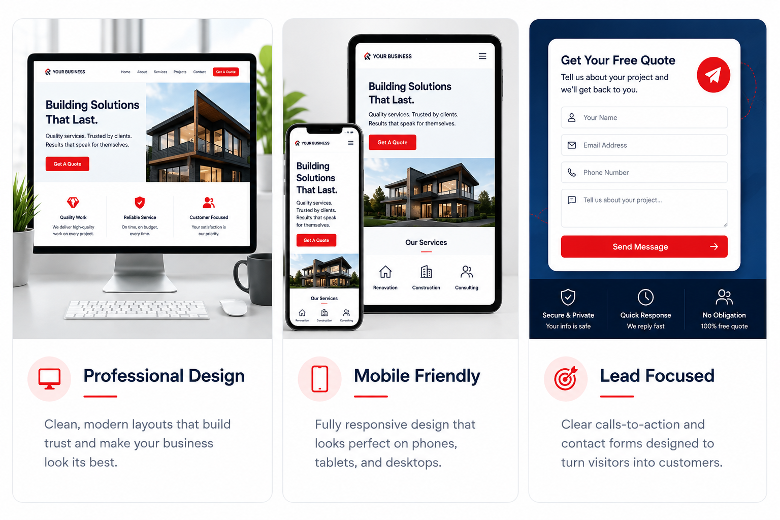 Professional website preview showing design, mobile friendly layout, and lead focused contact form